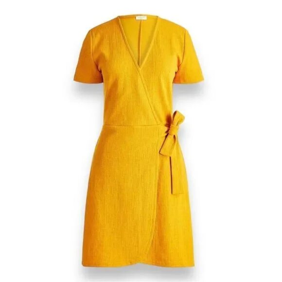 J. Crew Textured Wrap-Style Short Sleeve Yellow Mustard Dress - Picture 2 of 8